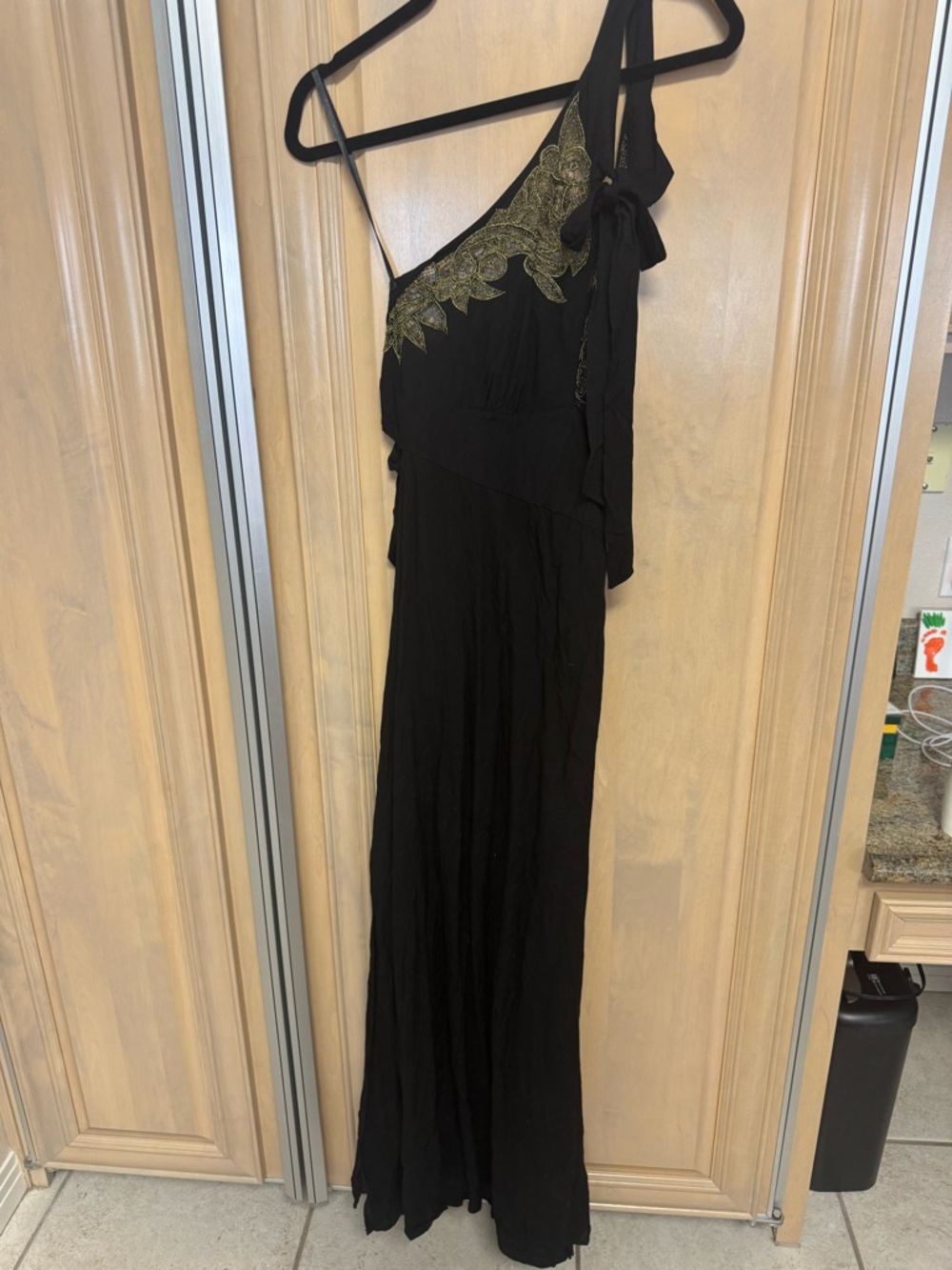 Cleobella Black One-Shoulder Maxi Dress with Gold Embroidery Size Medium NWT